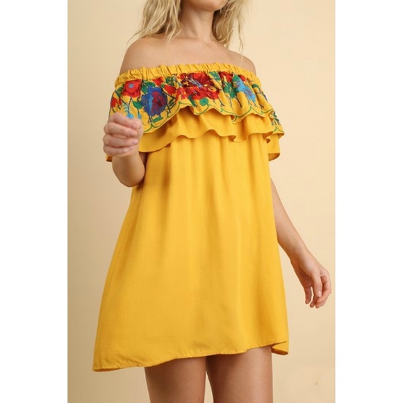 Umgee Dresses & Skirts - Umgee Mango Embroidere  Ruffle Off shoulder Dress